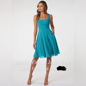 Azazie Vina dress Jade green blue NWT lace modest mini midi short wedding guest